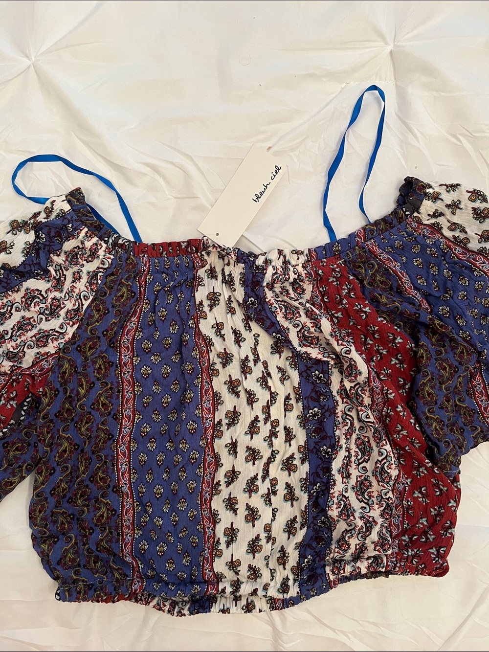 Blue Multi Paisley Off-Shoulder Crop Top